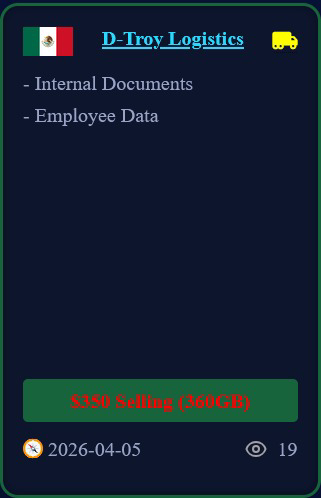 FalconFeedsio's tweet image. 📢 Ransomware Alert: 🇺🇸

D-Troy Logistics LLC (wedarobotics.com), a U.S.-based logistics and cross-border transportation company has reportedly fallen victim to NightSpire Ransomware.

🔍Key Details:
🛡️Threat actor: NightSpire
📅 Reported on: 14/04/26