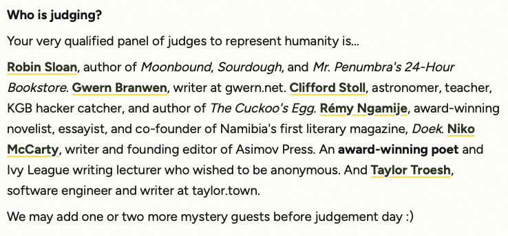 "Dear Aliens" is an old-school essay writing contest where all submissions must be delivered via mail.

They're looking for writing (under 1,000 words) that aliens should read before visiting Earth. $2500 in prizes. Some good judges etc. etc. etc.

Visit dearaliens[dot]net.