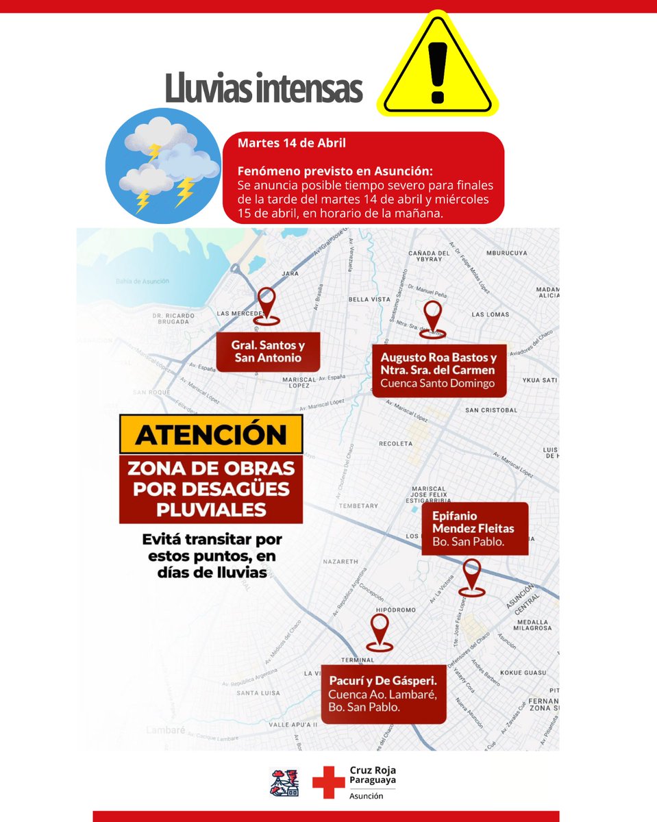 cruzroja_asu's tweet photo. 🚨 ATENCIÓN | Lluvias intensas en Asunción

⛈️ Posible tiempo severo este martes 14 (tarde) y miércoles 15 (mañana).

⚠️ Evitá salir si no es necesario, no circules por raudales, alejATE de árboles y cables eléctricos.

📞 Emergencias: 911 | 141 | 132 https://t.co/xqRwQxrGU1