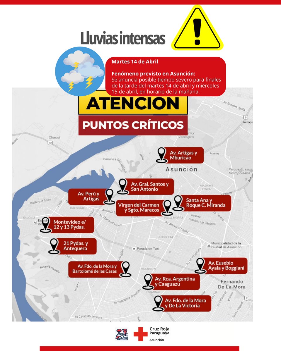 cruzroja_asu's tweet photo. 🚨 ATENCIÓN | Lluvias intensas en Asunción

⛈️ Posible tiempo severo este martes 14 (tarde) y miércoles 15 (mañana).

⚠️ Evitá salir si no es necesario, no circules por raudales, alejATE de árboles y cables eléctricos.

📞 Emergencias: 911 | 141 | 132 https://t.co/xqRwQxrGU1