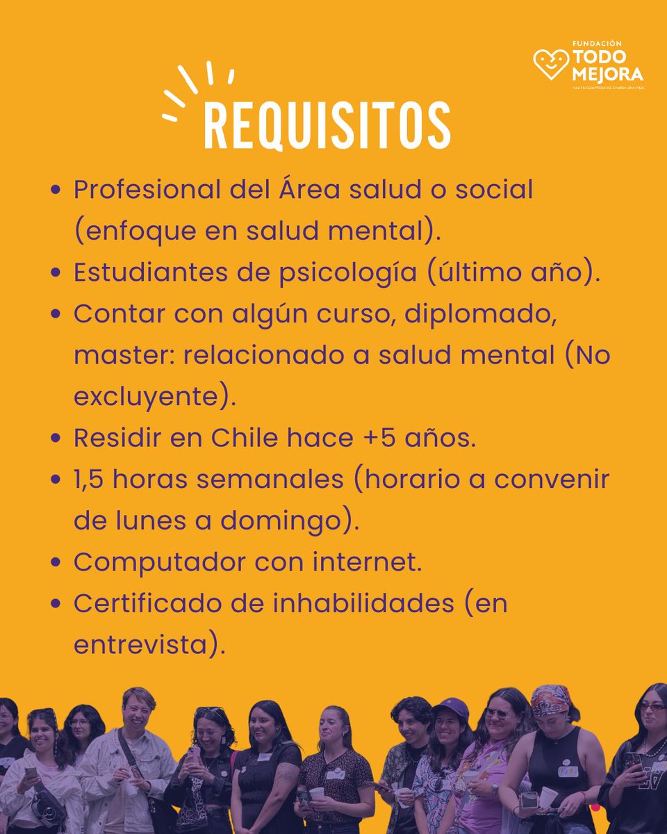 TodoMejora's tweet photo. Buscamos voluntariado para #HoraSegura 2026 🫂
Si eres del área de la #SaludMental, social o estudiante de último año de Psicología, puedes acompañar a niñeces, adolescencias y juventudes LGBTIQA+ en todo Chile 🏳️‍🌈🏳️‍⚧️
https://t.co/9J7cONpv62 https://t.co/AWMA2hNqBV