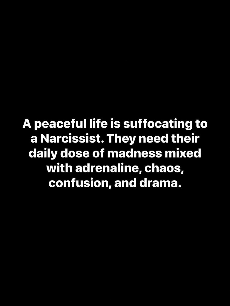 A peaceful life is suffocating to a Narcissist. They need their daily dose of madness mixed with adrenaline, chaos, confusion, and drama.