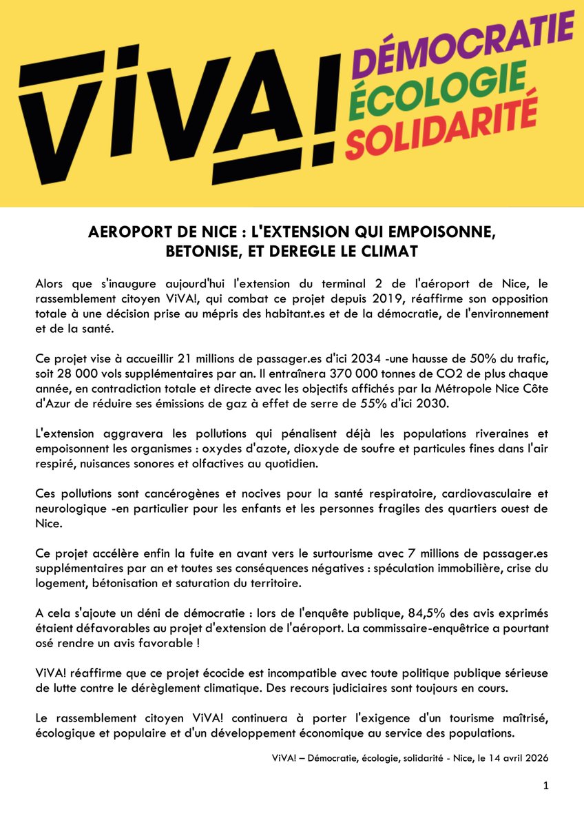 ViVA_Nice's tweet photo. ✈️ Extension de l’aéroport T2 de Nice

ViVA! dénonce un projet qui bétonise, pollue et aggrave le dérèglement climatique.

+50% de trafic, 370 000 tonnes de CO₂ supplémentaires, malgré 84,5% d’avis défavorables.

Un projet écocide au mépris des habitants. #Nice06 https://t.co/d06wQz4ga9