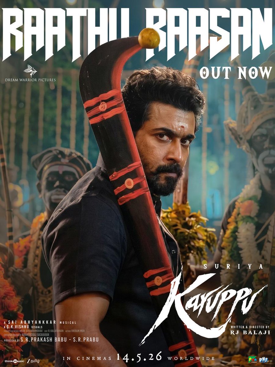TamilinfoboothC's tweet image. #RaathuRaasan - Third single from #Karuppu out now.💥

▶️ youtu.be/5PASPLld0u8

 @SaiAbhyankkar 🎶 

Lyrics : @Lyricist_Vivek 
Singer : 
#VMMahalingam, #PaalDabba 

Worldwide in theatres, on May 14th 2026!

@Suriya_offl @trishtrashers @RJ_Balaji @S2MediaOfficial @prosathish