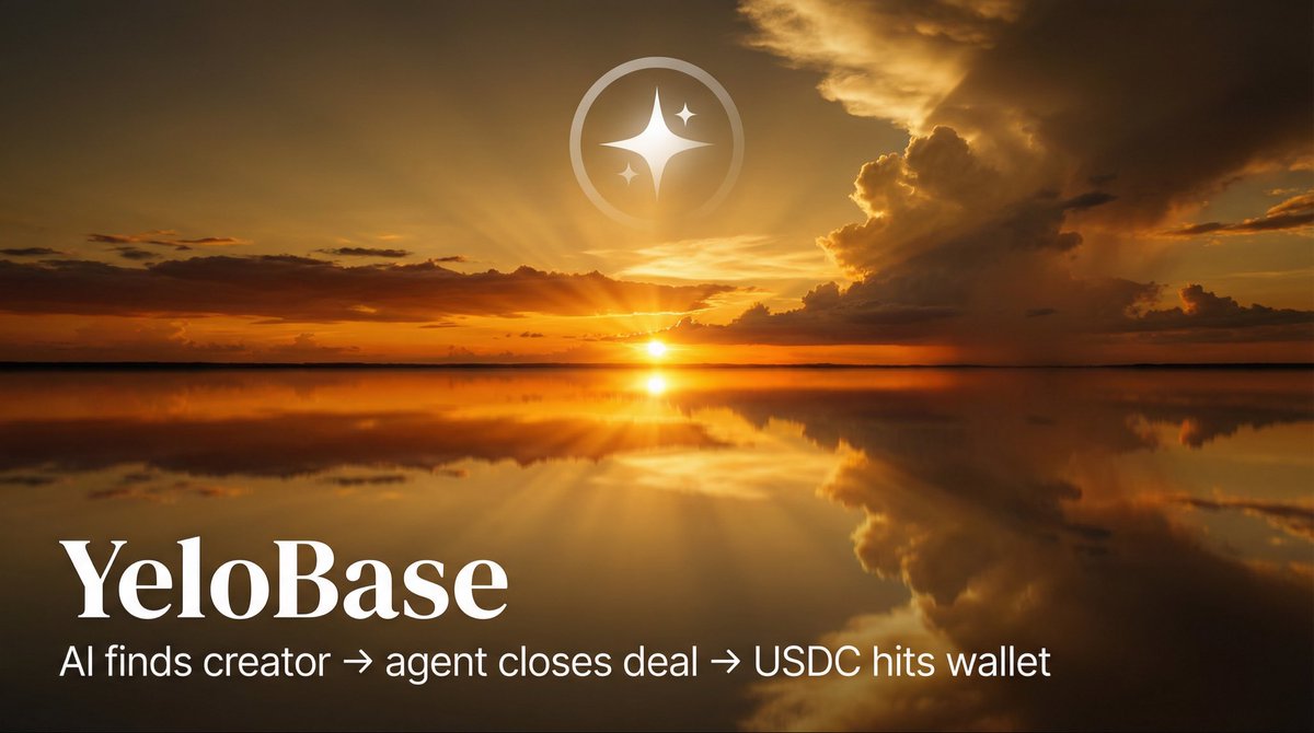 YeloBase's tweet photo. we built the TikTok creator economy onchain.

GPT-4o finds them.
AgentKit closes the deal.
XMTP sends the DM.
x402 pays in USDC.
Lit Protocol locks it.
IPFS stores it.

all on @base. all permissionless.

YeloBase $</LaTex>YELO https://t.co/B4NPtvx63s