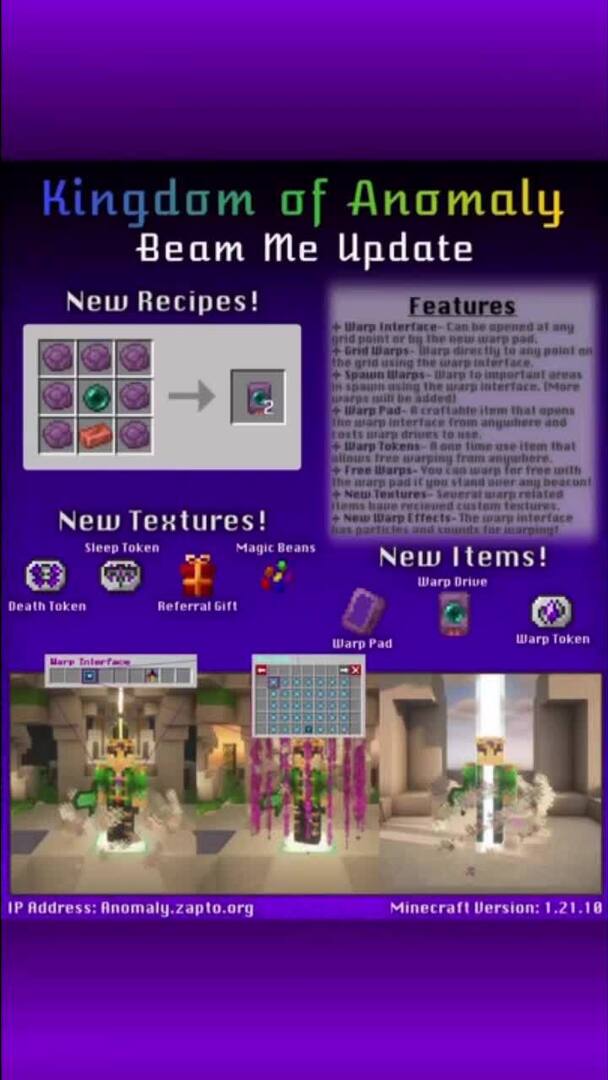 Kingdom0Anomaly's tweet image. Check out our newest update, which completely overhauls the spawn warps system. 
You can now warp directly to important locations around spawn or to any of the grid points outside.

 #Minecraft #MinecraftServer #MinecraftCommunity #MinecraftMultiplayer #Updates #QualityofLife #…