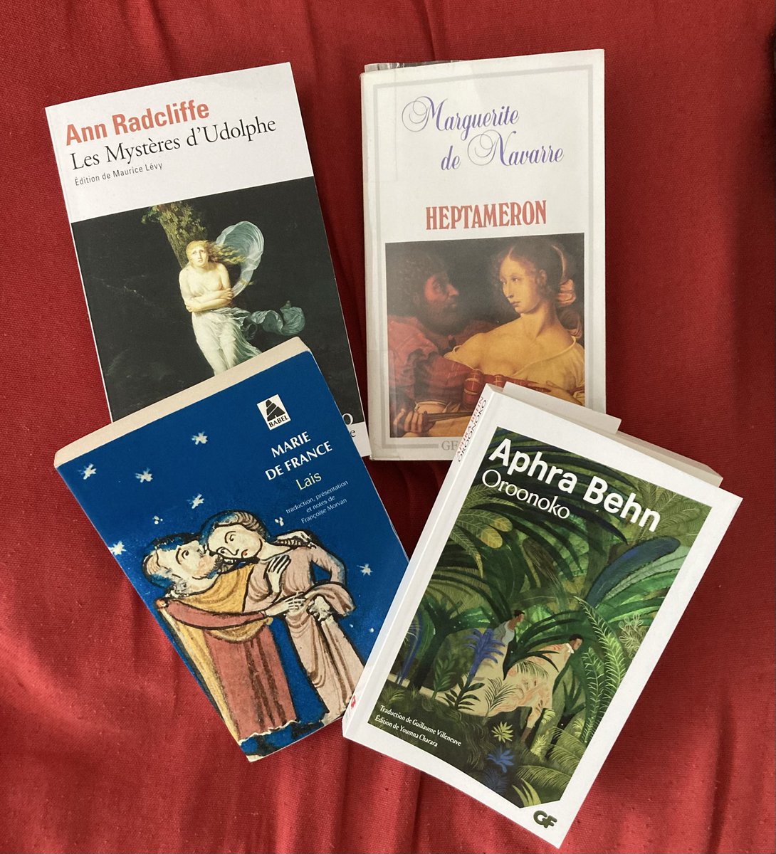 Fredgri's tweet photo. Quelques très intéressantes et anciennes œuvres féminines que je découvre au gré de mes « furetages ». Les Lais de Marie de France sont passionnants. Je commence juste Oroonoko d’Aphra Behn et j’enchainerais avec Les mystères d’Udolphe d’Ann Radcliffe…
Des conseils ? https://t.co/s7FFjz7vng
