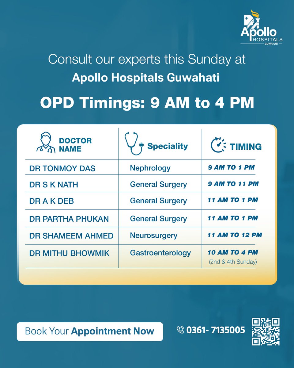 ApolloGuwahati's tweet image. Consult specialists with ease at our Sunday OPDs at Apollo Hospitals Guwahati.

Book your Sunday appointment today 0361-7135005

#OPD #SundayOPD #consultation #apollohospitalsguwahati #doctorconsultations