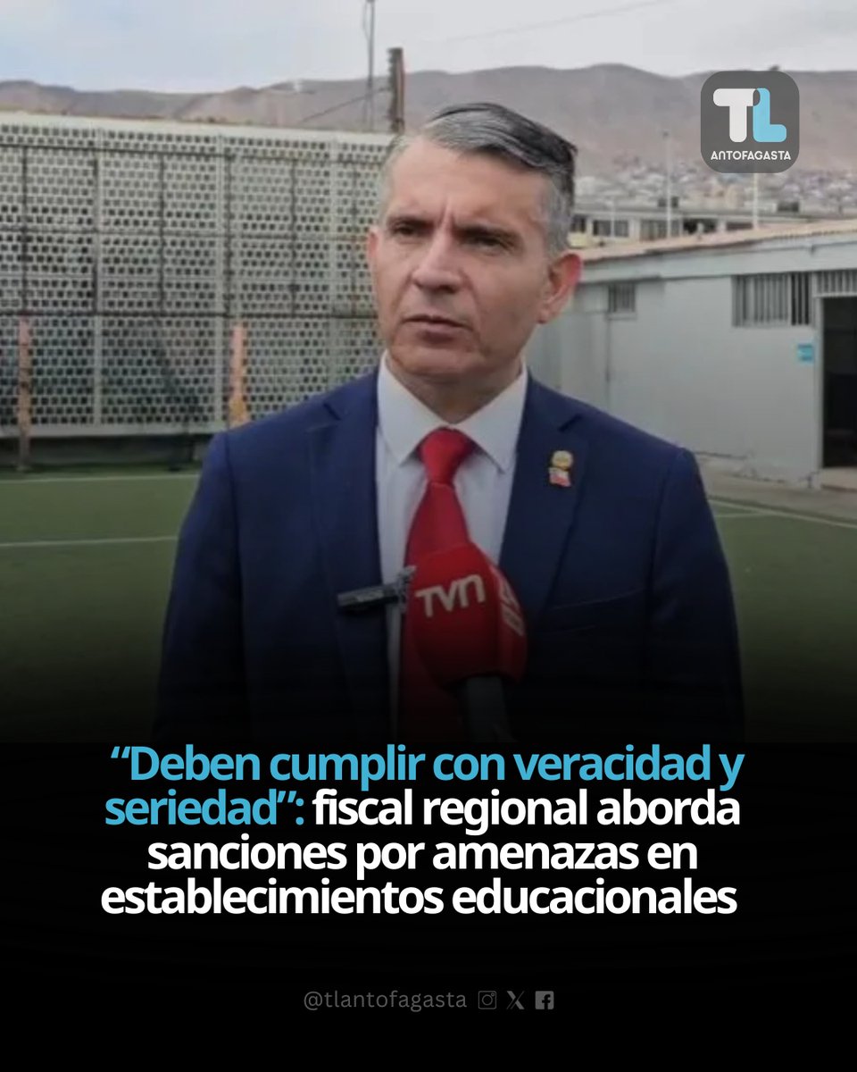 TLAntofagasta's tweet image. #Fiscalía | “Deben cumplir con veracidad y seriedad”: fiscal regional aborda sanciones por amenazas en establecimientos educacionales de Antofagasta

Juan Castro Bekios explicó que, de cumplirse estos requisitos, las amenazas pueden derivar en penas que parten en 541 días de
