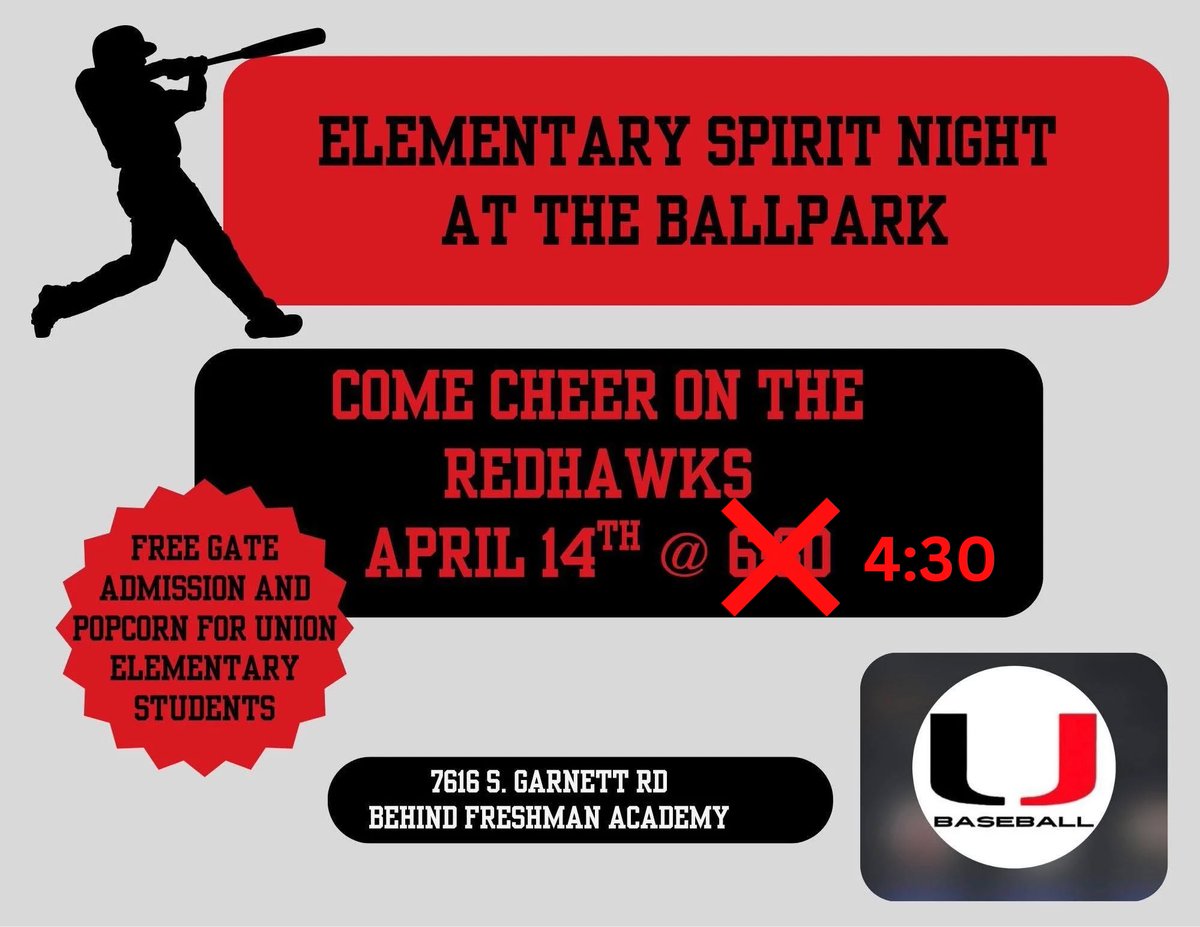 union_baseball's tweet photo. 🚨TIME CHANGE🚨

Tonight’s elementary spirit night is STILL ON! We have moved game time from 6:30 to 4:30!

Free admission and popcorn for Union elementary students! SEE YOU THERE.

#mules https://t.co/eBHk86ty9u