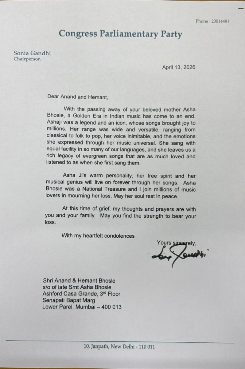 AMIT_GUJJU's tweet photo. 2015: Asha Bhosale’s elder son Hemant Bhosale died

2026: Sonia Gandhi is writing letter to Hemant Bhosale

What kind of sick twisted joke is this by Sonia Gandhi? https://t.co/3RauqOlxHI