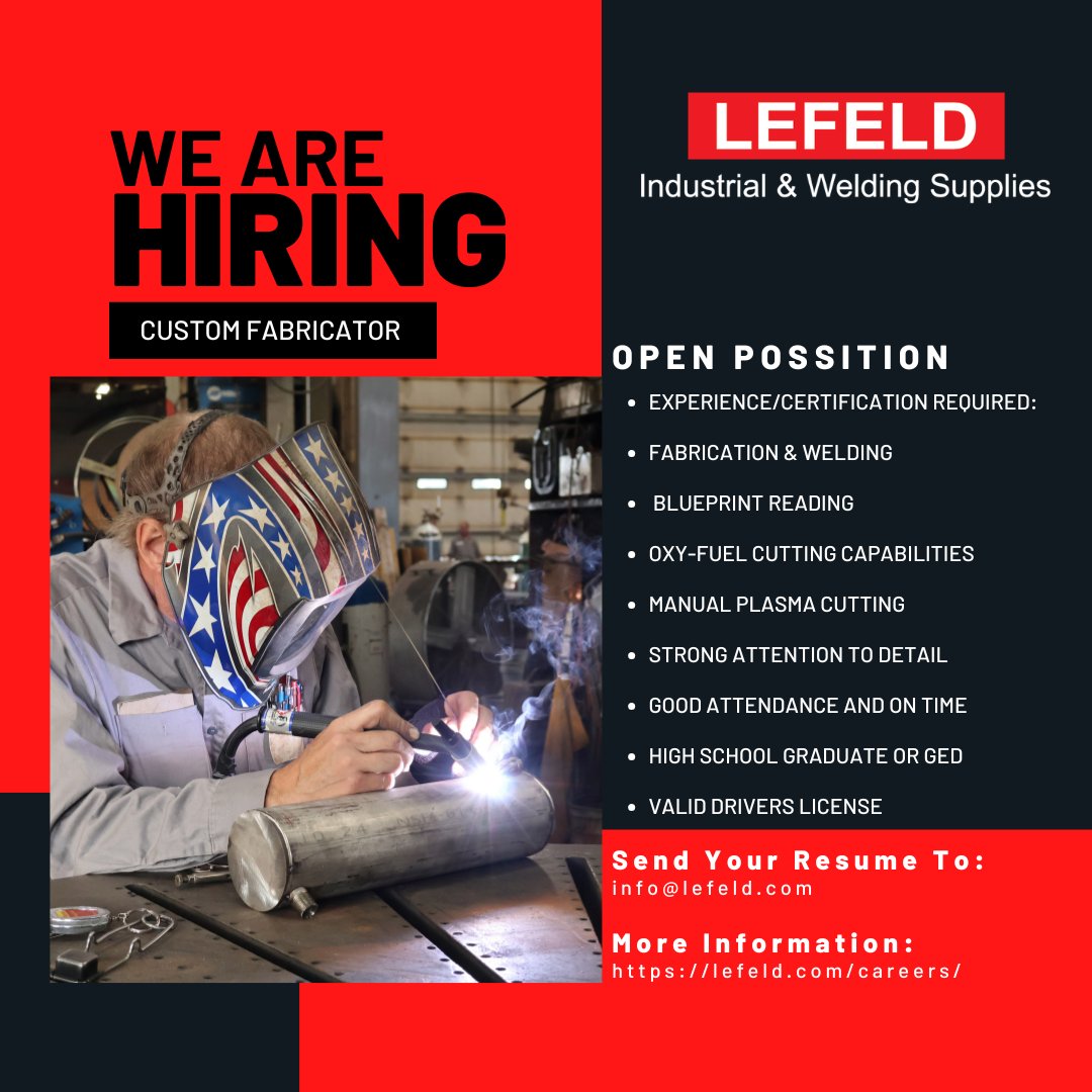 lefeldwelding's tweet image. Are you feeling stuck in a welding rut? It might be time to embrace a career shift! We’re on the hunt for a talented custom fabricator with diverse skills who thrives on independence &amp;amp; enjoys tackling dynamic projects. Join us &amp;amp; transform your work life!
#WeldingJobs #Fabrication