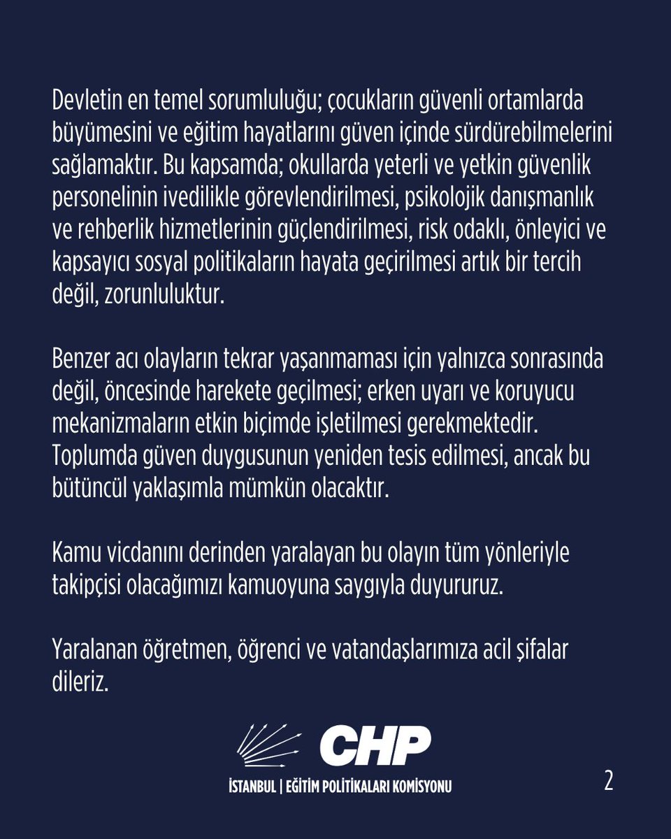 EgitimPolCHP's tweet photo. Bugün Şanlıurfa’nın Siverek ilçesinde bulunan Ahmet Koyuncu Mesleki ve Teknik Anadolu Lisesi'nde meydana gelen ve hepimizi derinden sarsan vahim olay, ülkemizde giderek artan şiddet olgusunu ve bu alandaki yapısal sorunları bir kez daha gözler önüne sermiştir.

Yaşanan bu tür olayların yalnızca bireysel değil; sosyal, ekonomik ve kamusal politikaların yetersizliğiyle doğrudan ilişkili olduğu açıktır. Eğitim ortamlarının güvenliğini tehdit eden bu gelişmeler, çocuklarımızın eğitim hakkını zedelemekte ve toplumsal huzuru ciddi biçimde riske atmaktadır.

Çocuklarımızın maruz kaldığı şiddet; eğitimden kopuş, derinleşen yoksulluk, fırsat eşitsizliği ve koruyucu sosyal politikaların eksikliğinin bir sonucudur. Okullar; şiddetin değil, bilimin, eşitliğin ve çocuk seslerinin yankılandığı güvenli alanlar olmak zorundadır.

Devletin en temel sorumluluğu; çocukların güvenli ortamlarda büyümesini ve eğitim hayatlarını güven içinde sürdürebilmelerini sağlamaktır. Bu kapsamda; okullarda yeterli ve yetkin güvenlik personelinin ivedilikle görevlendirilmesi, psikolojik danışmanlık ve rehberlik hizmetlerinin güçlendirilmesi, risk odaklı, önleyici ve kapsayıcı sosyal politikaların hayata geçirilmesi artık bir tercih değil, zorunluluktur.

Benzer acı olayların tekrar yaşanmaması için yalnızca sonrasında değil, öncesinde harekete geçilmesi; erken uyarı ve koruyucu mekanizmaların etkin biçimde işletilmesi gerekmektedir. Toplumda güven duygusunun yeniden tesis edilmesi, ancak bu bütüncül yaklaşımla mümkün olacaktır.

Kamu vicdanını derinden yaralayan bu olayın tüm yönleriyle takipçisi olacağımızı kamuoyuna saygıyla duyururuz. 

Yaralanan öğretmen, öğrenci ve vatandaşlarımıza acil şifalar dileriz.