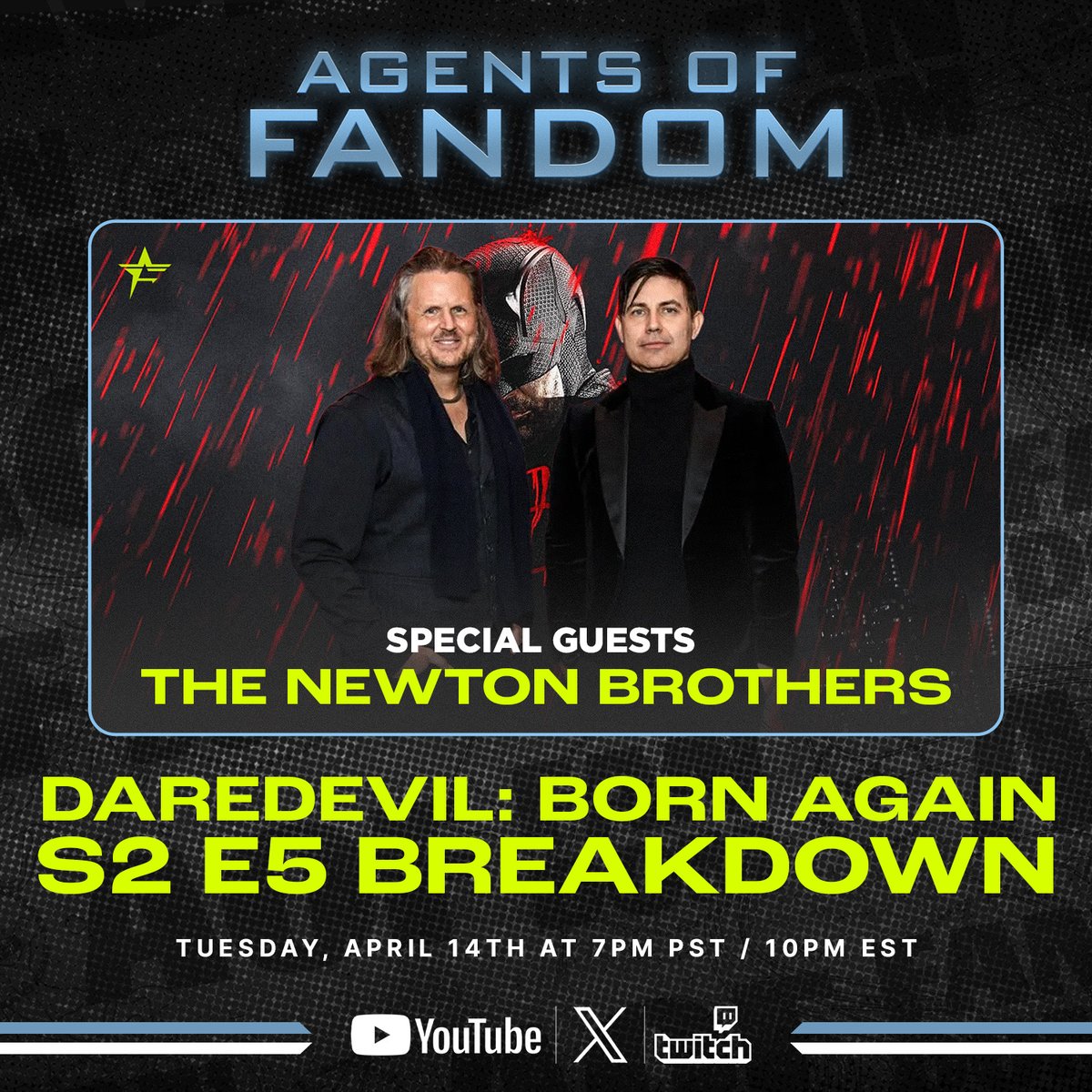 AgentsFandom's tweet photo. #DaredevilBornAgain returns tonight with a HUGE new episode, so we needed to bring in some MAJOR guests!
Join us LIVE at 10pm ET to break down #DaredevilBornAgainS2 Ep 5 with Composers @TheNewtonBros!
Come hang out and chat with the men behind the series' score and theme. https://t.co/zJn1DwZrBZ