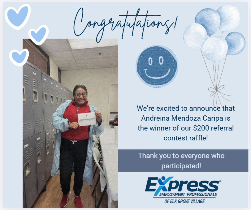 Congrats to Andreina, our $200 Referral Contest winner! 🎉A big thank you to everyone who referred candidates to us. Stay tuned for the next contest! 🚨 #ExpressEGV #TeamWork