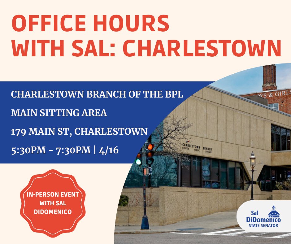 SalDiDomenico's tweet image. CHARLESTOWN OFFICE HOURS -&amp;gt; I will be hosting office hours on Thursday, April 16th at the Charlestown Branch of the Boston Public Library from 5:30pm - 7:30pm. 

#OfficeHours #CommunityEngagement #CharlestownMA