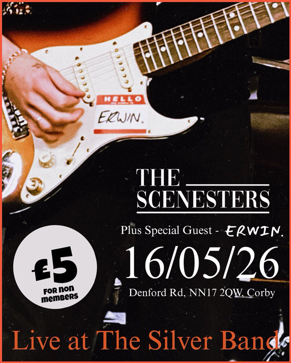 scenestersband's tweet photo. HOMETOWN SHOW!!

We will be playing at The Silver Band, Corby, sharing the stage with Erwin on 16th May! 

£5 entry on the door for non members! Free entry for members! 

See ya down the front! 

.
.
.
#scenesters #erwin #live #music #indiebands https://t.co/TO070i1r02