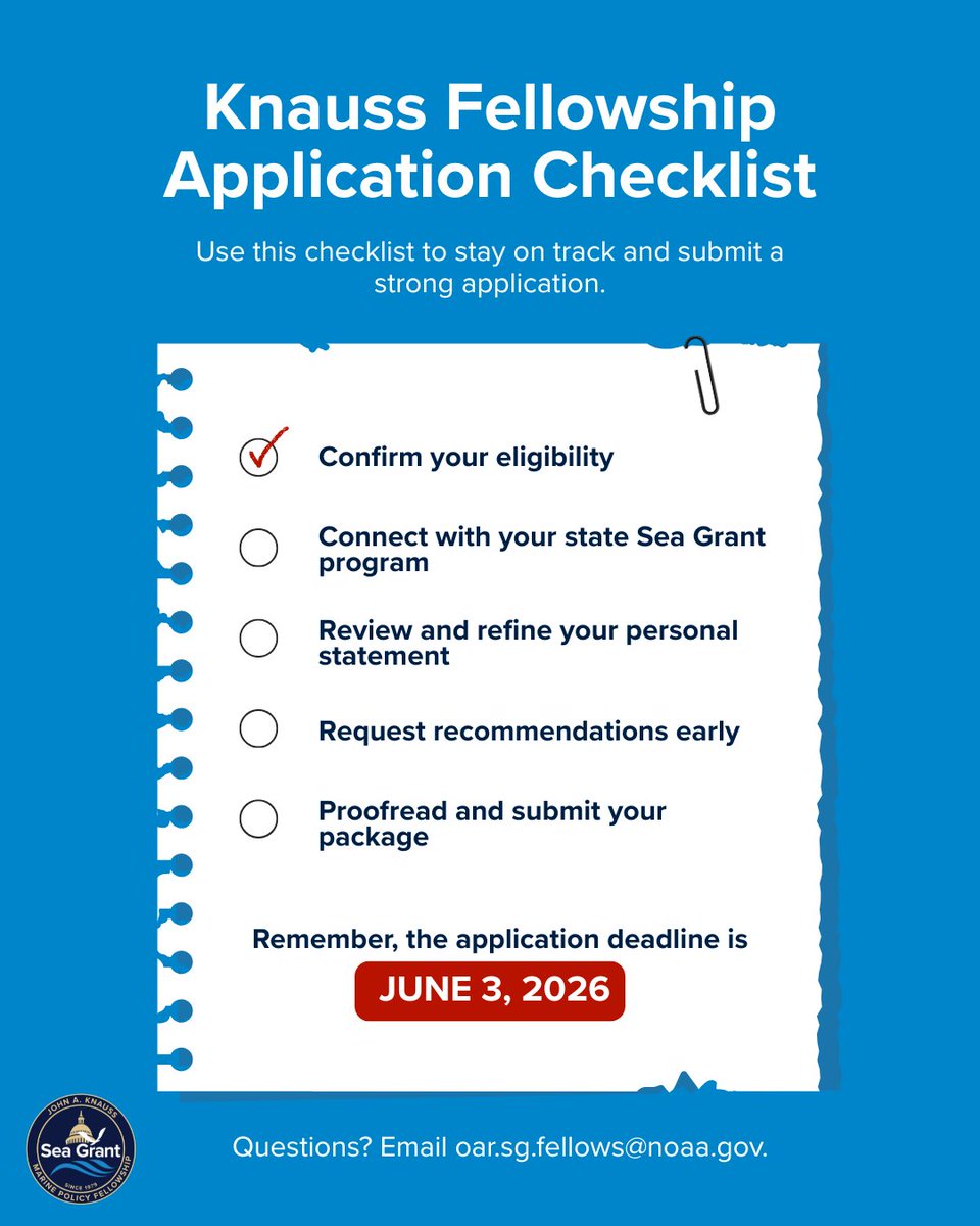 SeaGrant's tweet image. Planning to apply for the 2027 #Knauss #Fellowship?

Use this #checklist to stay on track and submit a strong application.

Learn more at seagrant.noaa.gov/knauss.