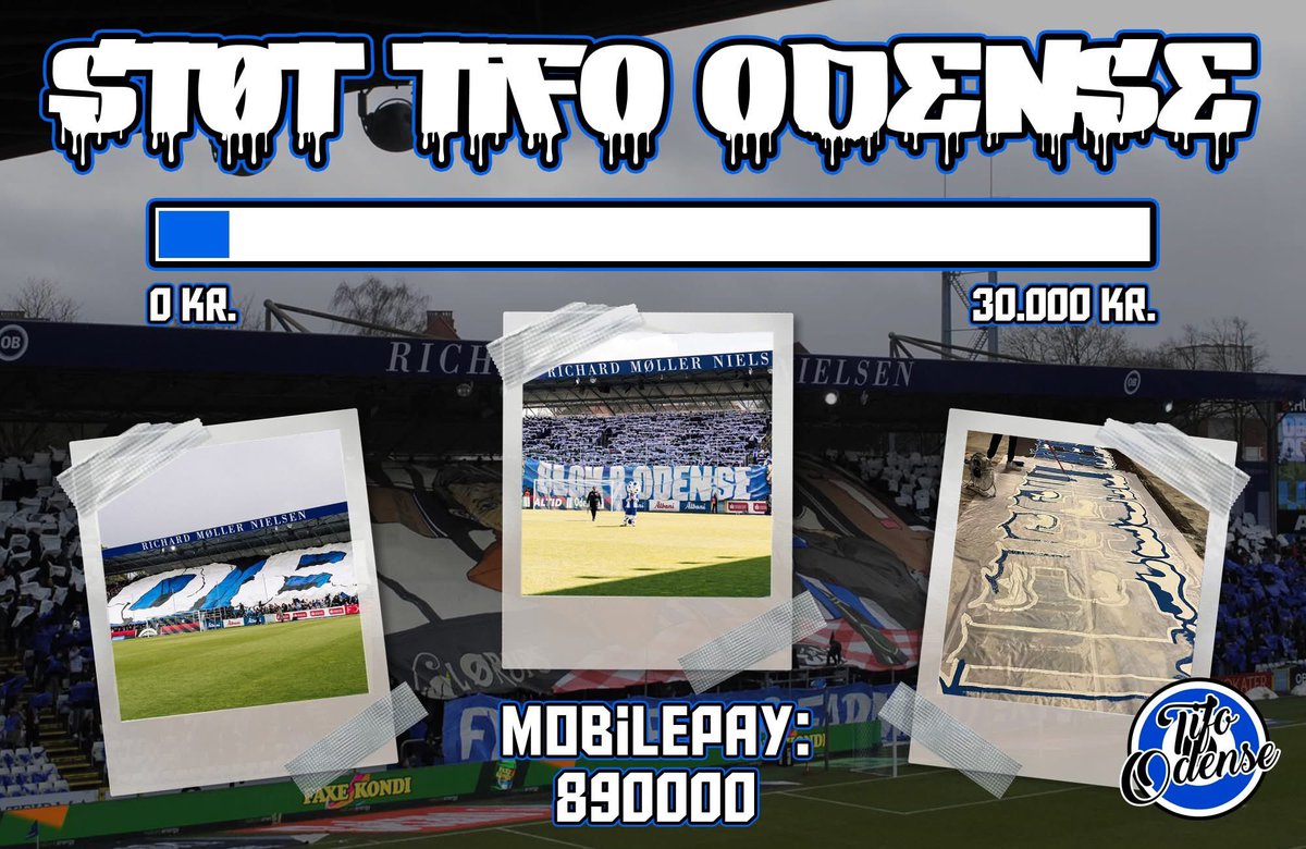 📣 TIFO INDSAMLING! 

Målet er 30.000 og på søndag mod Randers vil vi stå i indgangene. 🔵⚪️

Støt indsamlingen allerede nu og send et beløb direkte på 📲 MobilePay: 890000.

Løft i fælles flok, Odense. Vi når snildt vores mål, hvis alle får sendt et bidrag! 
#obdk