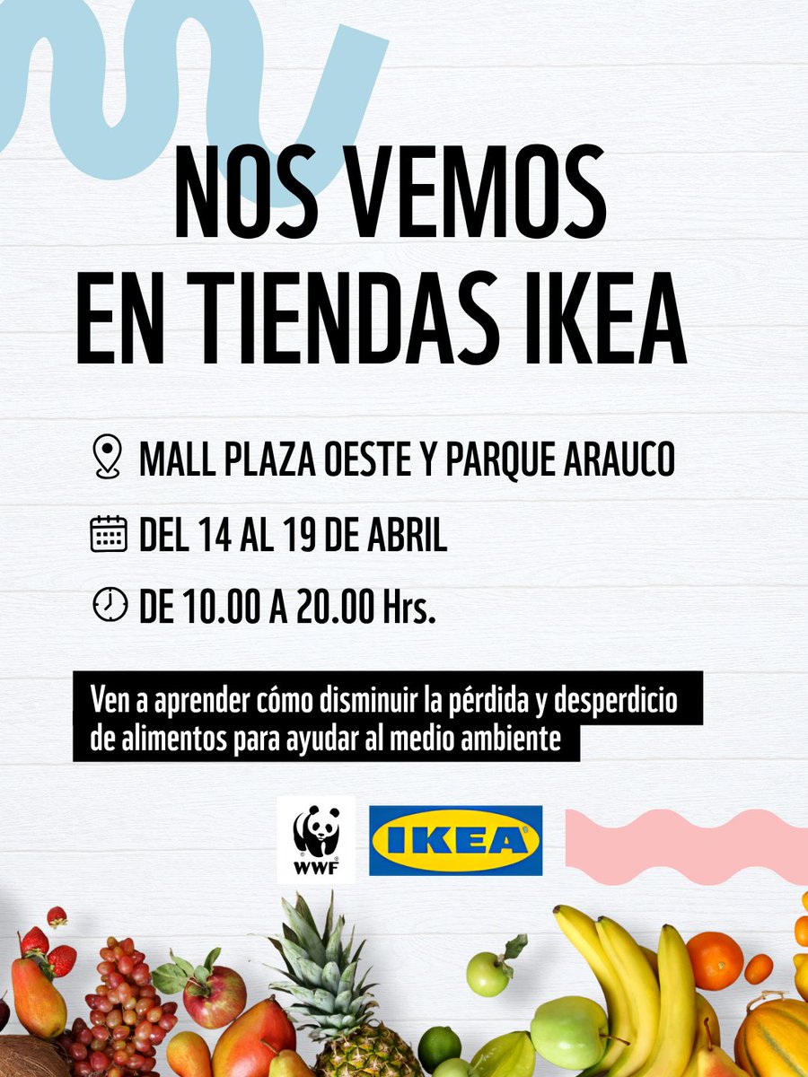 WWFChile's tweet photo. 🐼¿Quieres saber más sobre nuestro trabajo?

Del 14 al 19 de abril nos encontraremos en Tiendas IKEA del  Mall Parque Arauco y Mall Plaza Oeste con una intervención para hablar  sobre la importancia de disminuir la pérdida y desperdicio de alimentos.

¡Te esperamos! https://t.co/FIdse3EawB