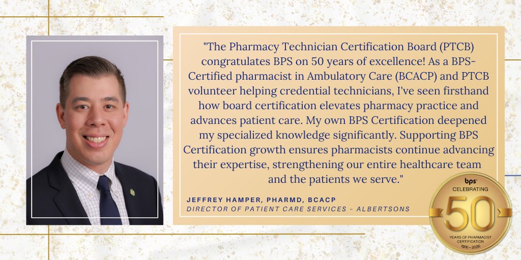 BPSweb's tweet image. As #BPS celebrates 50 years, there are many organizations that have supported the mission of BPS and encouraged board certification across the profession. In his words, Jeffrey Hamper highlights the value of board certification within PTCB and his own career.
