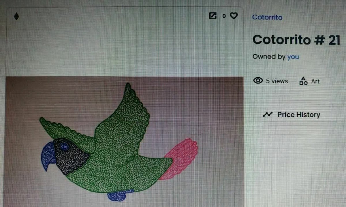 🔥🔥🔥🔥 Collection "Cotorrito". Cotorrito # 21
Design: Handmade drawing
Blockchain: Ethereum
Colors: Blue, black, light green, pink.

opensea.io/collection/cot…

#opensea
#NFT