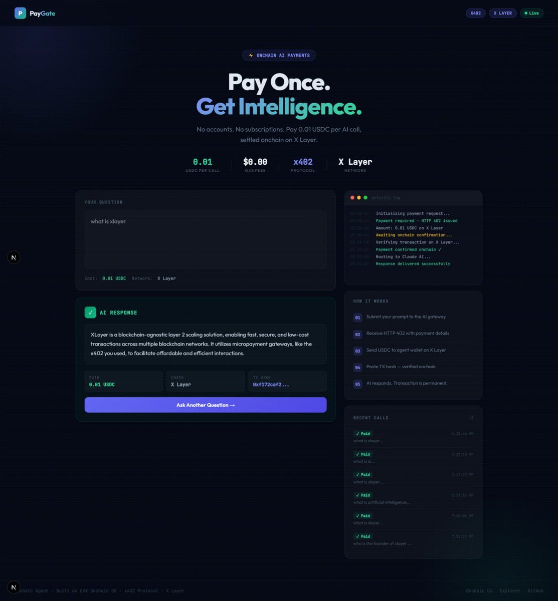 bliss_loaded's tweet photo. I built an AI you pay per question no account, no subscription.
Just send $0.01 USDC onchain β get a Claude AI response.
No middlemen. No monthly fees. Just pay and go.
Built on @XLayerOfficial with OKX Onchain OS x402 protocol
#XLayerHackathon #BuildX @OKXWeb3 https://t.co/f3mW8DssSr