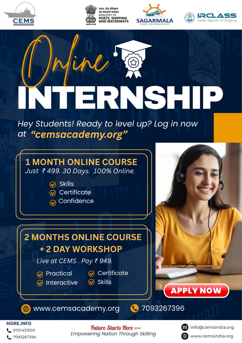 cems_in's tweet image. 🚀 Upgrade your future with CEMS Online Internships!
💻 Learn anywhere | 📜 Get certified | 💡 Build confidence
✔️ 1 Month (Quick)
✔️ 2 Months + Workshop
💸 From ₹499
🎯 Start your growth today
👉 cemsacademy.org

#Internship #Upskill #CareerGrowth