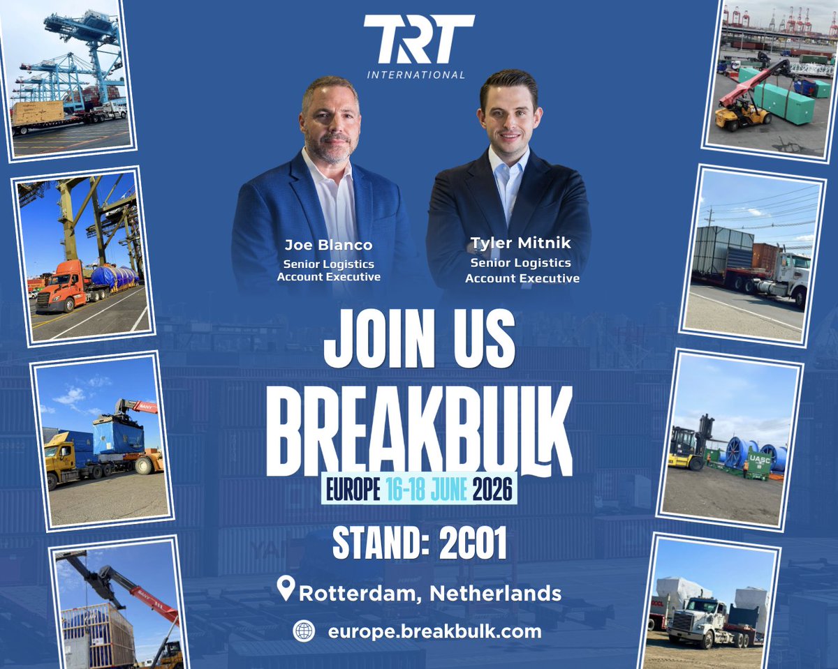 TRTIntl's tweet photo. Join us at Breakbulk Europe 2026

Excited to exhibit for the first time!

📍 Stand: 2C01
📍 Rotterdam, Netherlands
📅 June 16–18
🌐 https://t.co/DYtye3siTP
👉 See you in Rotterdam!

#Breakbulk #BreakbulkEurope2026 #BreakbulkEurope #ProjectCargo #BreakbulkLogistics #HeavyLift https://t.co/WTWsOh8ruO
