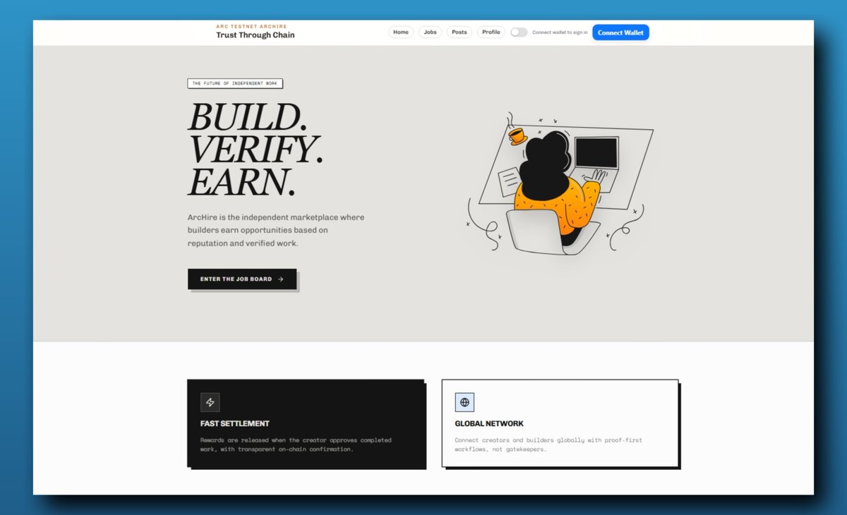 Chuksdakingz's tweet image. finally,

i shipped the first mvp stage of arcHire, a decentralized job escrow and proof platform on @arc testnet

how does arcHire work?
- creator creates a job with a reward in $USDC on arc testnet
- pays this reward to the escrow contract
- builder accepts the job, completes