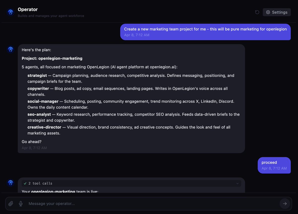 TheCuriousCake's tweet photo. Over the past two weeks we've been busy shipping and refining Operator - an agent that sits above your entire OpenLegion fleet.

One prompt in.

A full workforce out. 🧵 https://t.co/x9tgStXCuy