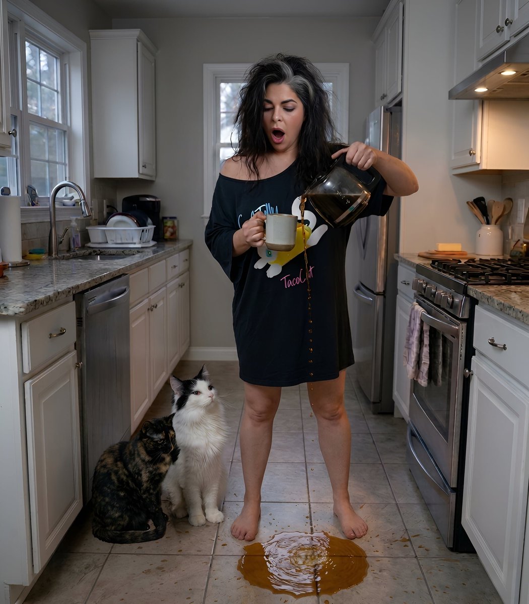 tea_telly's tweet photo. Tell me you haven't had coffee yet without telling me.
(Muffin and Blossom are not impressed with my floor-brewing method, I was also late for their breakfast).
#TuesdatMotivation #PreCoffee #CatJudgement #HotMess https://t.co/HqSNvjy0Zw