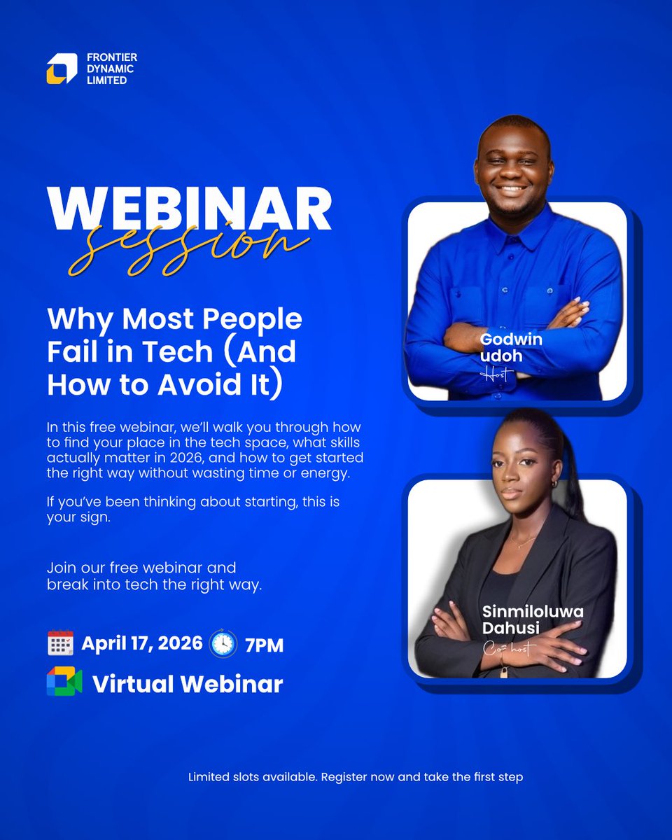 dynamic31553's tweet image. Join our live webinar session where we break down why people fail in tech and how to avoid it

Happening live:

📅 April 17th
⏰ 7PM
🌐 Virtual Session

Register here: luma.com/3fzksz09

 #TechCareer #LearnTech #TechGrowth #DigitalSkills #TechInNigeria #CareerGrowth
