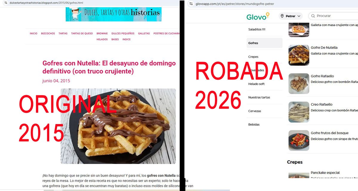 Tartasyotras's tweet photo. .@Glovo_ES El establecimiento ID 446391 usa fotos robadas de mi blog de 2015 para lucrarse. Como Editor de 'Dulces Tartas y otras Historias' exijo la retirada inmediata de mi propiedad intelectual. ¿Vais a permitir que vuestros partners nos roben el trabajo? 👊⚖️ #Copyright https://t.co/47RlILGiTy