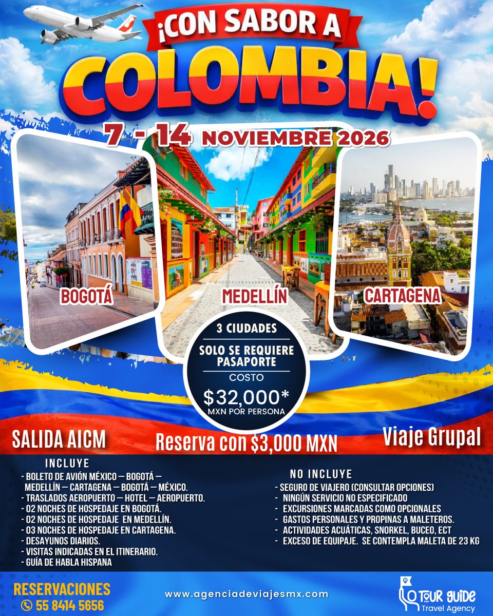 Nos vamos a Colombia en grupo saliendo desde la CDMX. Un viaje para todo el mundo!! Del 7 al 14 de noviembre 2026. Reserva con $3,000 mxn y ve pagando cada quincena.
Viaje organizado por <a href="/TourGuideMex/">Tour Guide | Travel Agency</a>