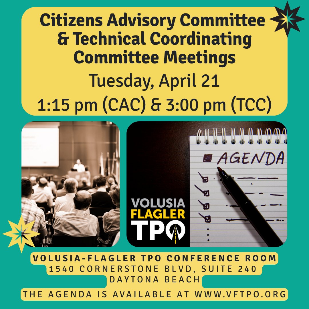 TelltheTPO's tweet photo. The Volusia-Flagler TPO CAC &amp; TCC will meet on: 
📅 Tuesday, April 21, 2026
🕐1:15 pm (CAC) &amp; 3:00 pm (TCC)
📍 Volusia-Flagler TPO Conference Room
1540 Cornerstone Blvd, Suite 240, Daytona Beach
📃 The agenda is available at https://t.co/h2PHftKXOK https://t.co/pEB8tQuksU