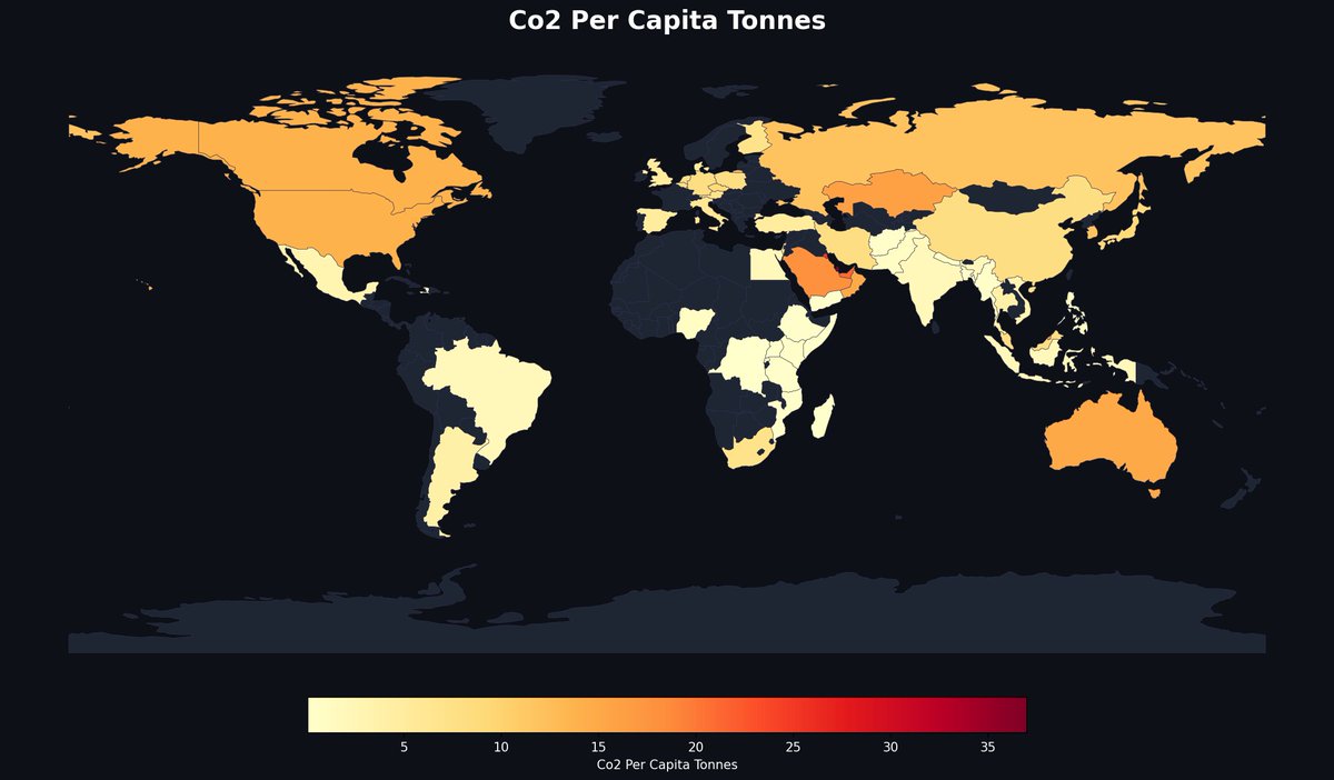 MapPorn_Zone55's tweet image. Saudi Arabia emits ~20 tonnes of CO₂ per person — more than the entire continents of Africa and South America combined per capita. The Arabian Peninsula glows red on this map for a reason.
— @MapPorn_Zone55 · link in bio
#MapPorn #cartography