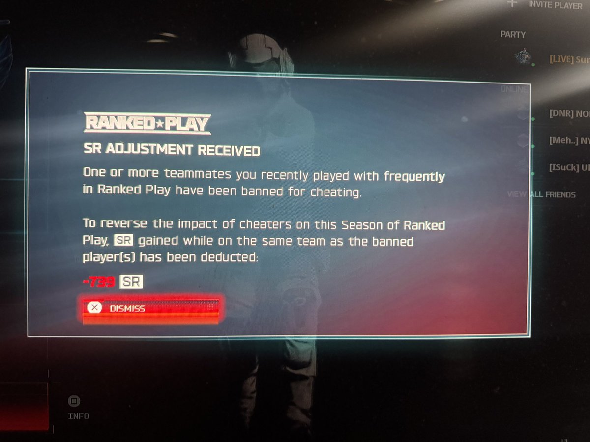 Surated's tweet photo. Hey @Treyarch @TreyarchCM why in the fuck have I lost almost 1k SR combined.. WHEN I PLAY WITH THE SAME 2 people and they aren’t banned. There is no way in fuck I’ve been on the same team with this many cheaters. This game is dog shit. https://t.co/NckVqxacVh