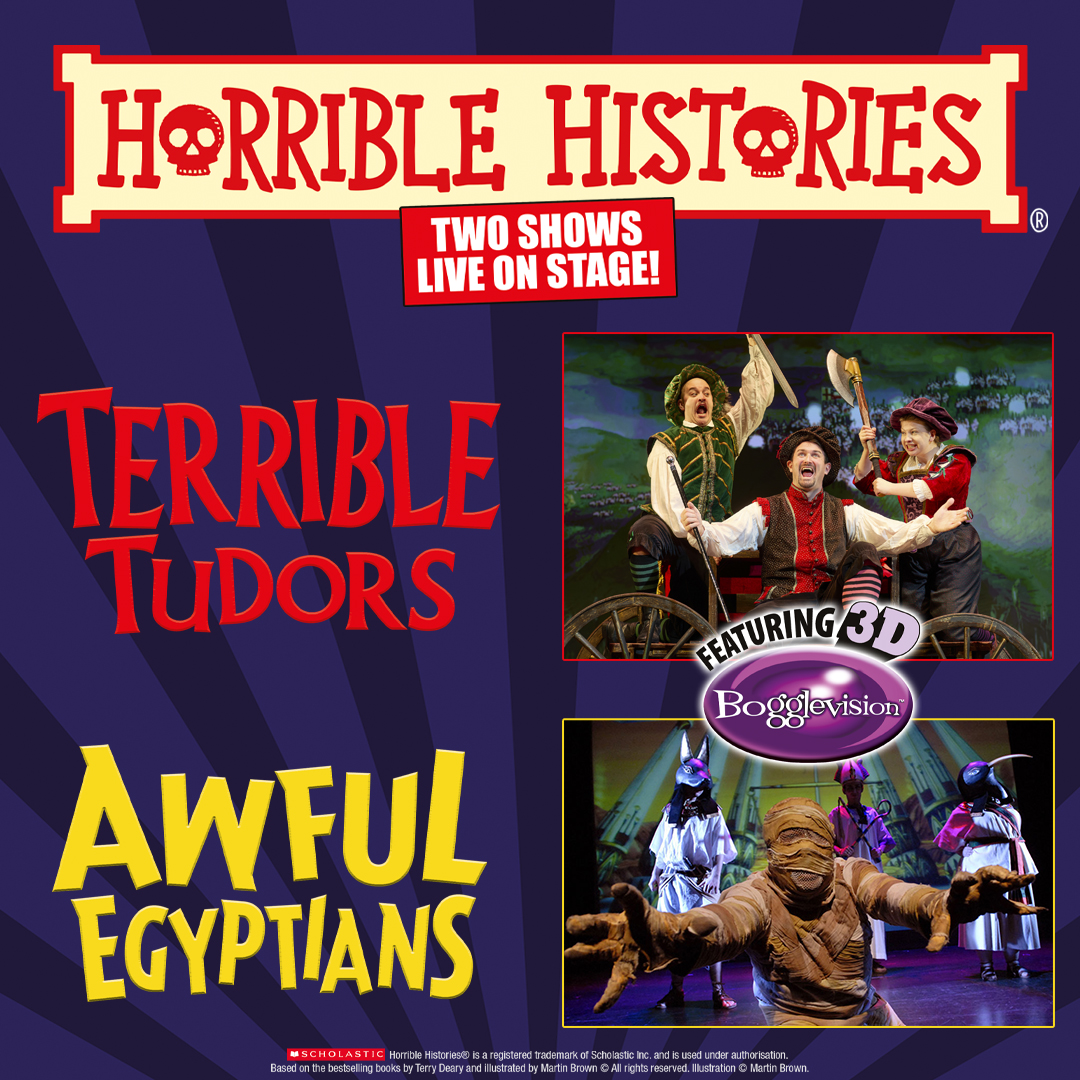 HHLiveOnStage's tweet photo. 📅 There's just one month to go until Horrible Histories - Terrible Tudors &amp; Awful Egyptians begins a brand new tour!
The fun starts at the Aylesbury Waterside Theatre on 14 May and then moves on to Jersey, Wolverhampton, Bradford and many more great places across the country! 😃 https://t.co/41sZEXCjwK