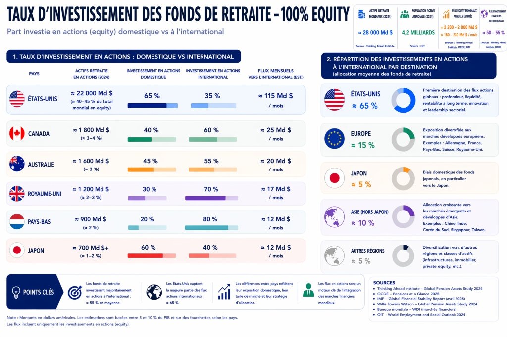 Reconstitution des flux equity des retraites par capitalisation (OCDE, WTW, IMF) :

• ~180–230 Md$ / mois en actions → 🌎
• ~60–65% des flux internationaux → 🇺🇸
Flux lents, passifs, structurels, principal driver du marché.

Curieux d’avoir ta take là-dessus <a href="/NCheron_bourse/">Nicolas Chéron</a>