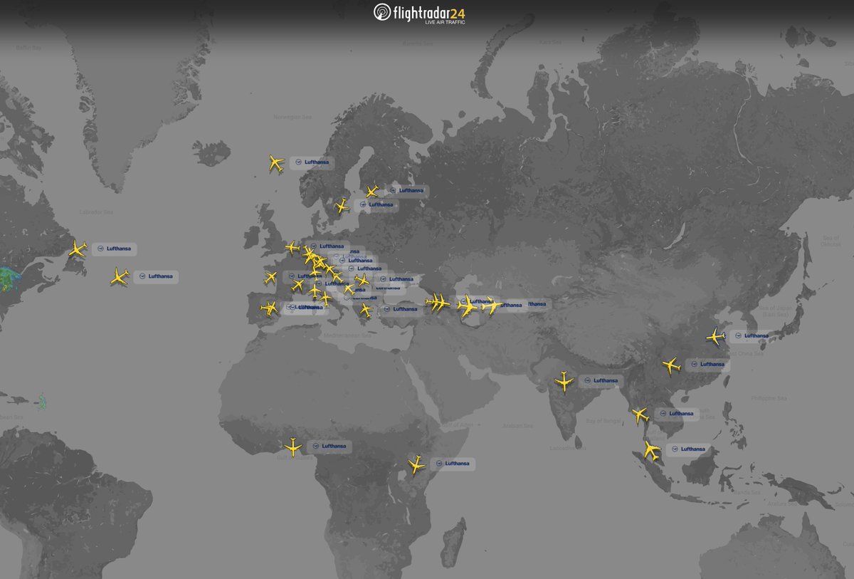 flightradar24's tweet image. With a strike by Lufthansa pilots today, the airline has canceled more than 850 flights (~78%). Just 33 Lufthansa flights in the air right now compared to ~150 same time last week.