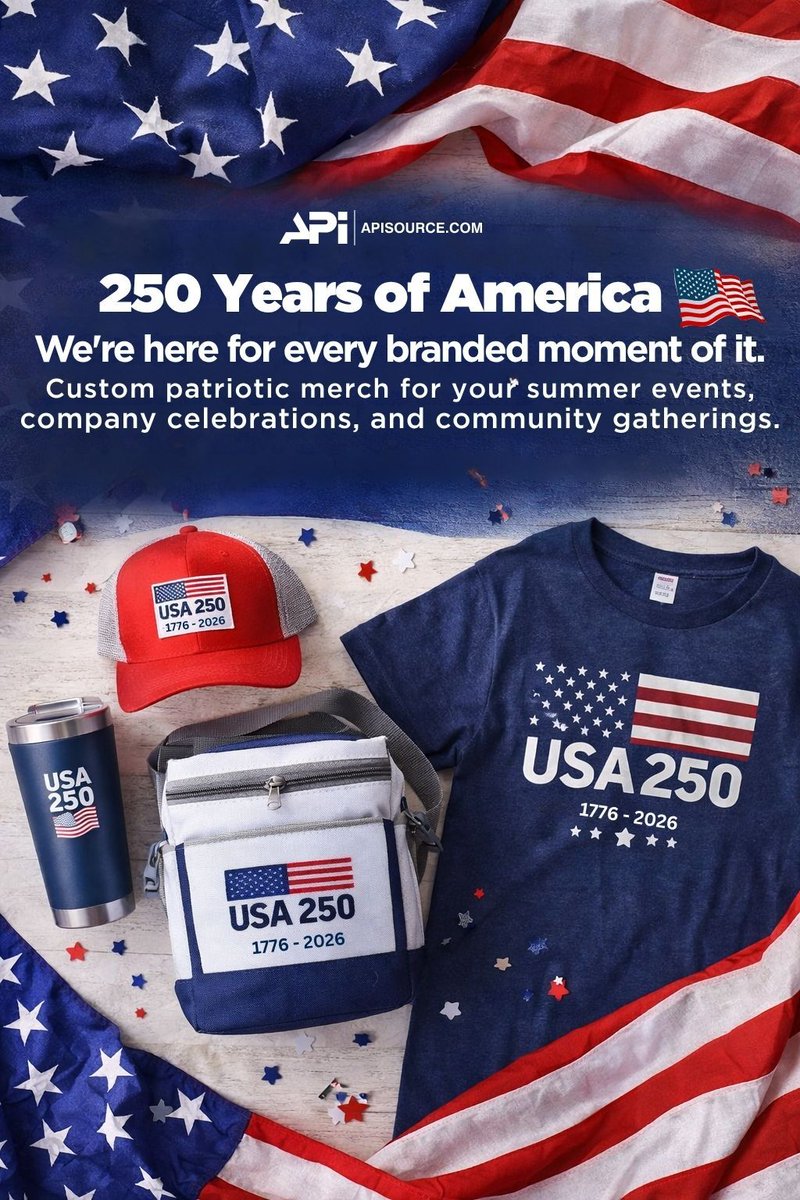 APISOURCE's tweet image. 250 years of America 🇺🇸
Make your brand part of the moment.
From company events to community celebrations, custom patriotic merch keeps your brand seen all summer long.
hubs.la/Q04b-xgg0 
#AmericanMade #BrandedMerch #PromoProducts #SummerEvents