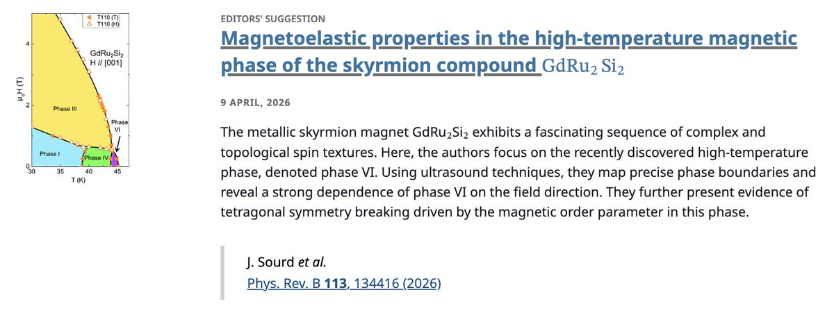PhysRevB's tweet image. PRB Editors' Suggestion: #Magnetoelastic properties in the high-temperature #magnetic phase of the #skyrmion compound #GdRu2⁢Si2

J. Sourd, D. A. Mayoh et al.,
Phys. Rev. B 113, 134416

➡️ go.aps.org/47O4T8b
#OpenAccess #EdSugg @APSPhysics #physics #condmat