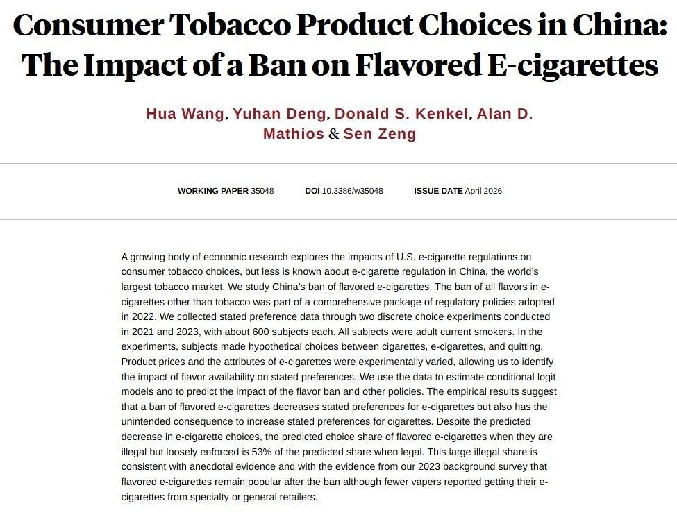 nberpubs's tweet photo. Studying China’s ban of flavored e-cigarettes, from Hua Wang, Yuhan Deng, Donald S. Kenkel, @Adm5Alan, and @senzeng_econ https://t.co/lMAXi16jxW https://t.co/8oFKnrr7L7