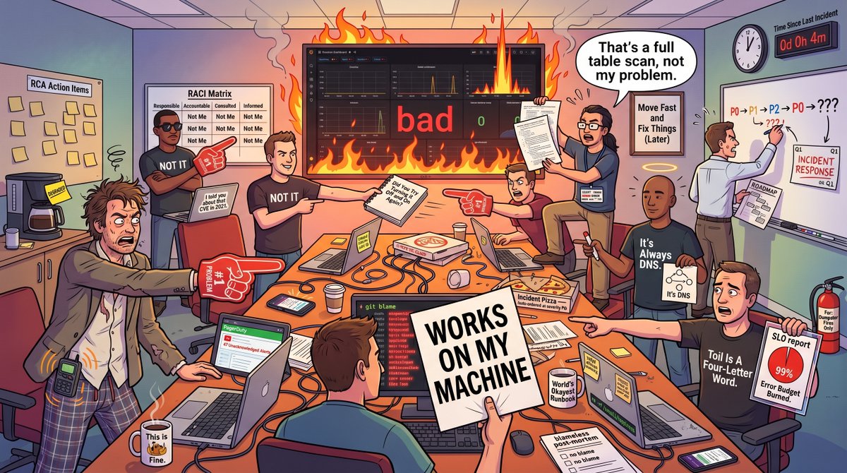 ciroosai's tweet photo. You've heard of MTTR. But what's your MTTB? Mean Time to Blame.

Take the quiz. 5 questions. 60 seconds. Find out if your org fixes incidents or just finds someone to pin them on.

(Yes, it's our April Fools' site. Yes, the results are fictional. But if it made you think twice about blame culture, that was the point.)
👇
#SRE #DevOps #IncidentManagement #Postmortem #MTTR #BlamelessCulture

https://t.co/53rsAbM43u
