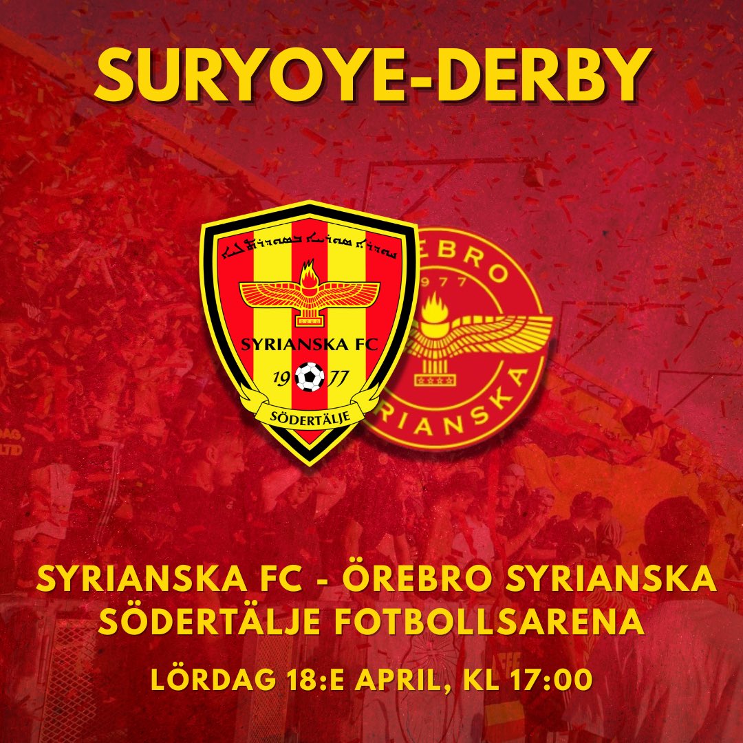 SyrianskaFC's tweet photo. Syrianska har inlett säsongen starkt med två raka segrar och en oavgjord. I helgen väntar ett möte av broderlig karaktär när Örebro Syrianska ska gästa Södertälje Fotbollsarena. Med avspark kl 17:00 på lördag ser vi fram emot en publikfest! Tillsammans mot segern! #TiheSuryoye https://t.co/hBmnNTpGWe