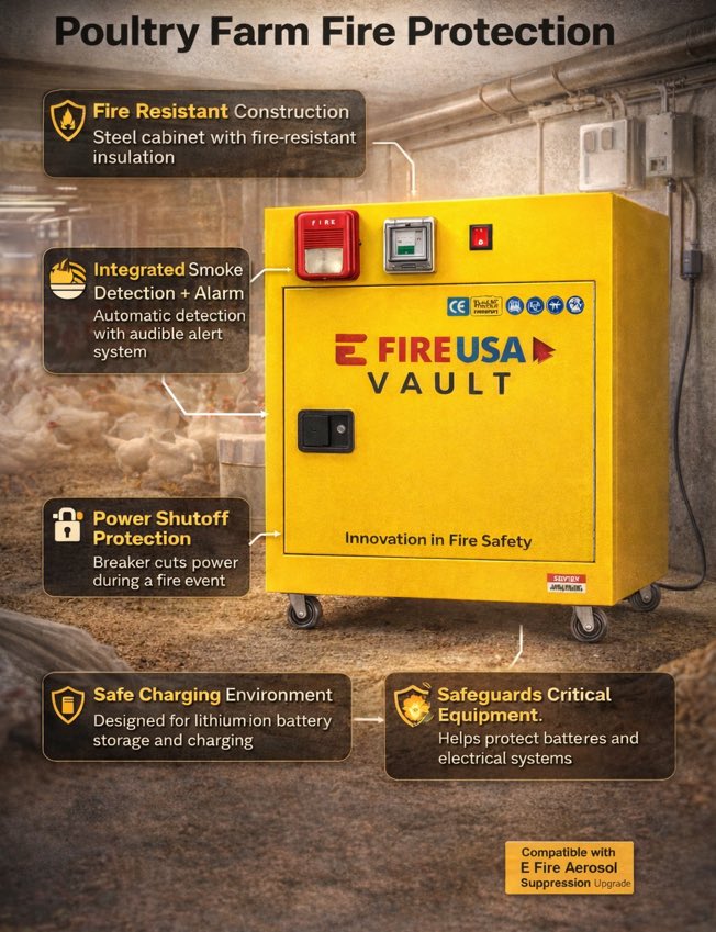 Poultry farm fire risk is real.
Electrical systems, dust, and confined equipment areas create constant ignition points.

The E Fire Vault helps contain and protect lithium-ion batteries and critical systems at the source.

efireusa.com