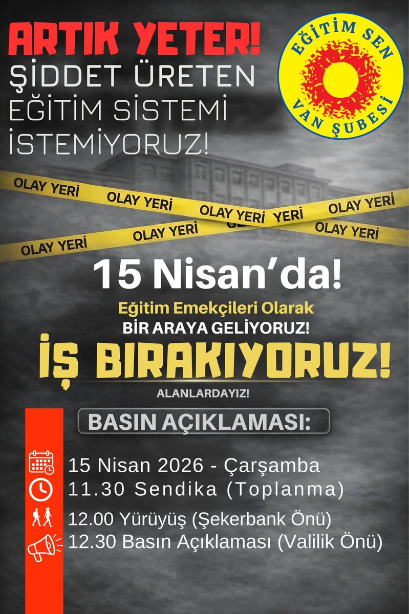 🔴 A R T I K    Y E T E R ‼️‼️

Şiddet Üreten Eğitim Sistemi İstemiyoruz!

⚠️ 15 Nisan’da Eğitim Emekçileri Olarak 

BİR ARAYA GELİYORUZ!

İŞ BIRAKIYORUZ!

15 Nisan Çarşamba
Toplanma: Sendika-11.30
Yürüyüş: Şekerbank Önü-12.00
Basın Açıklaması: Valilik Önü-12.30