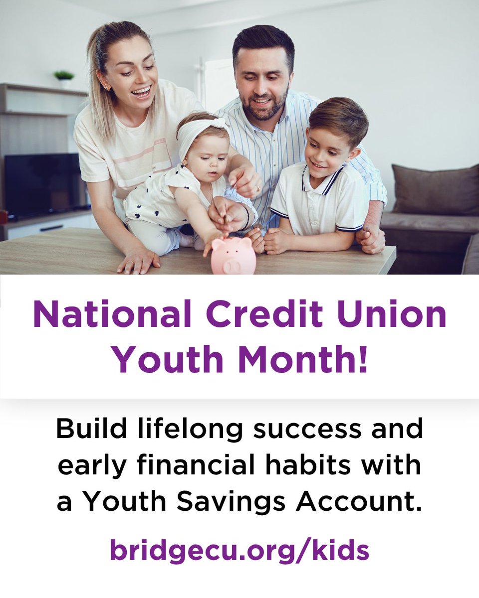 BridgeCUInc's tweet photo. April is National Credit Union Youth Month! 🚀 Help your child build smart habits early with a Youth Savings Account—a hands-on way to watch their money grow and set them up for lifelong success. 💵
✨ Start their journey: https://t.co/LOKt3WZpN9

#FinancialLiteracy #SmartSaving https://t.co/okJjJuX7nU