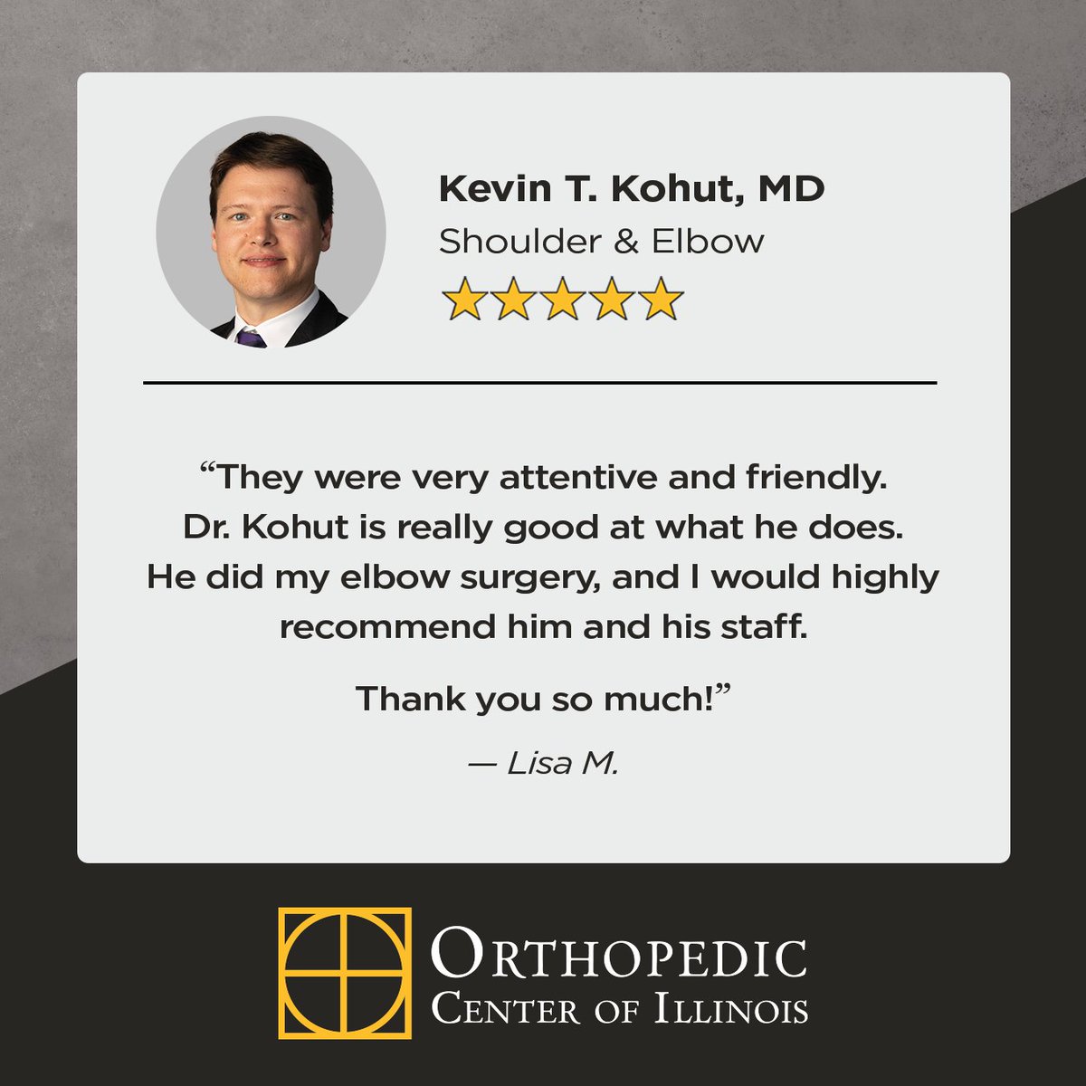 OrthoCenterofIL's tweet photo. ⭐ It’s #TestimonialTuesday, and today we’re sharing a recent review from one of Dr. Kevin Kohut’s patients. To schedule an appointment, call us at 217-547-9100.

#AskForOCI #MoveBetterLiveBetter #PatientFeedback https://t.co/T2oChTLA2p